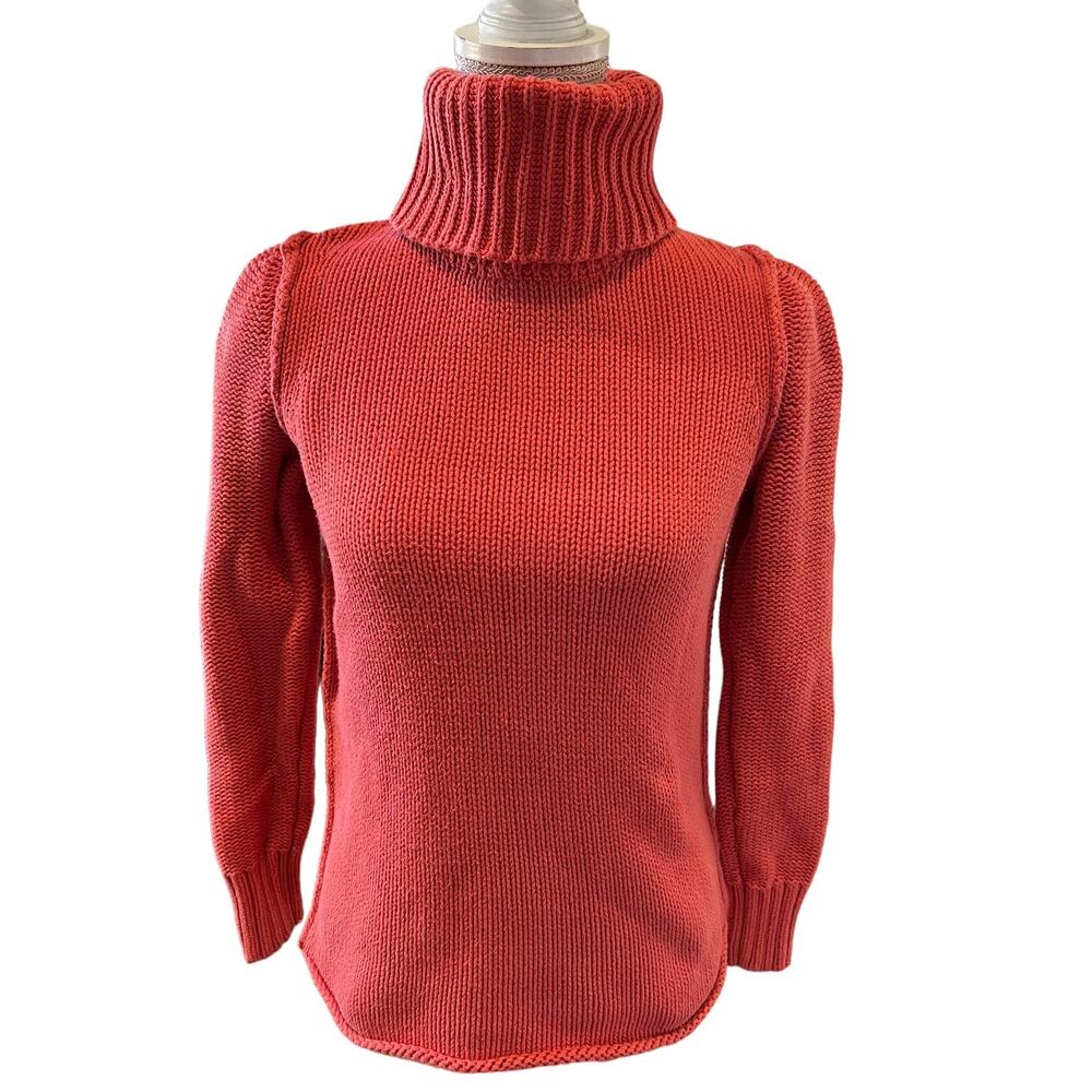 White + Warren Chunky Knit Cotton Turtleneck Sweater Melon M